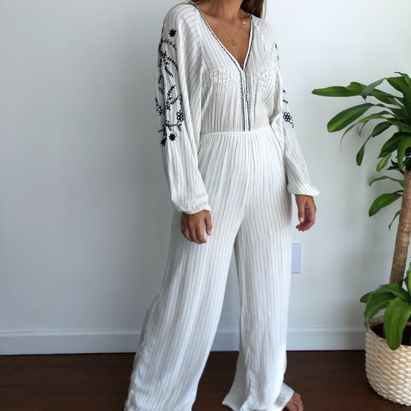 Pull&Bear Pants - Pull & Bear Long boho embroidered sleeve jumpsuit